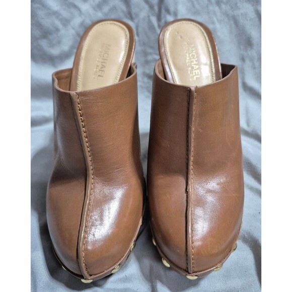 Michael Kors platform clog gold studded Liana leather sz 5 tank brown heels shoe - Picture 3 of 6